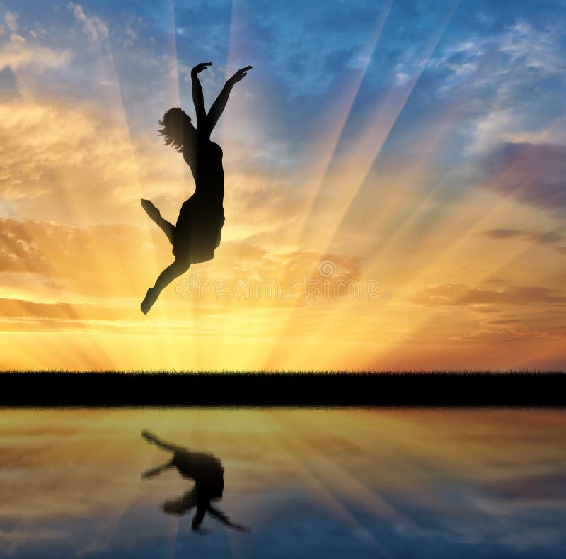 Happy Woman Jumping At Sunset Stock Photo Image Of Sports Flying