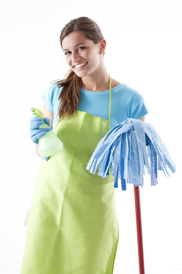 Happy Woman With Mop and Spray Bottle