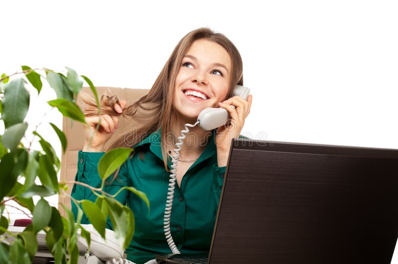 Happy woman phone in the office