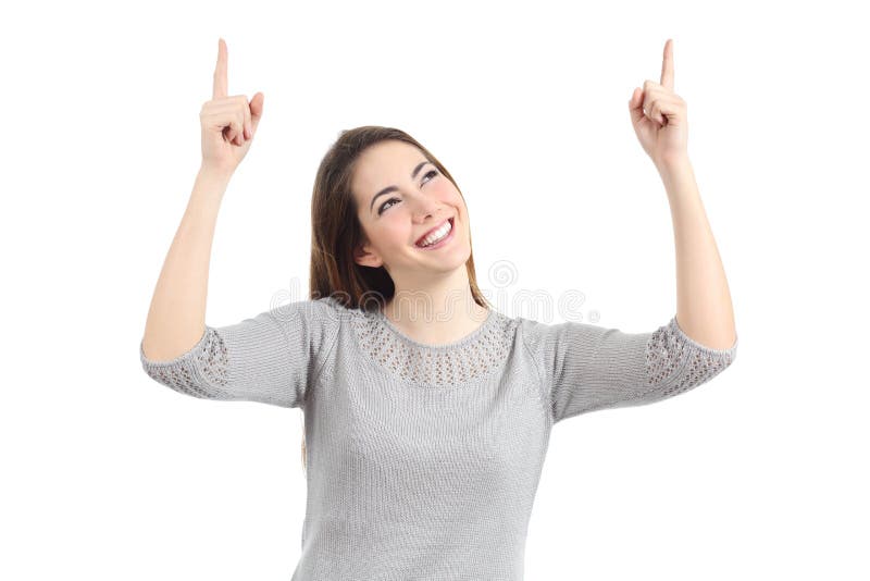 Happy woman pointing up with both hands