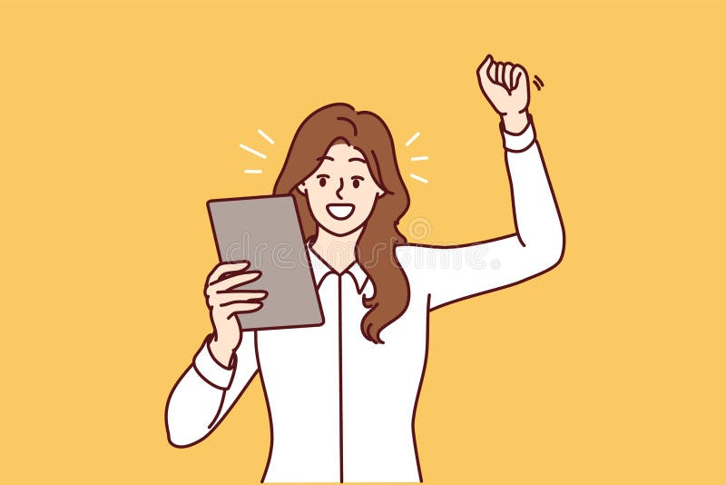 Happy woman raising hand making victory gesture and looking at electronic tablet. Vector image stock illustration