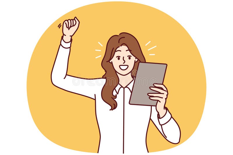 Happy woman raising hand making victory gesture and looking at electronic tablet. Vector image royalty free illustration