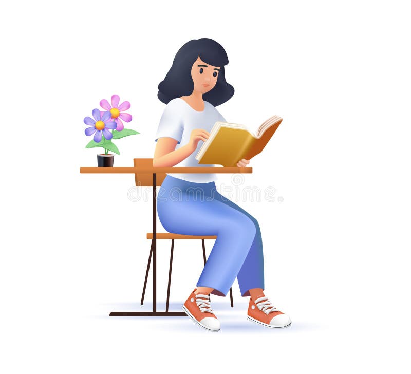 Happy woman reading book, sitting at cafe table. Girl reader character holding literature, relaxing with novel 3D