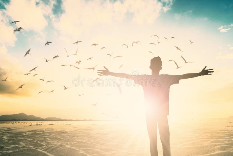 Happy Man Rise Hand On Morning View. Christian Inspire Praise Go Stock