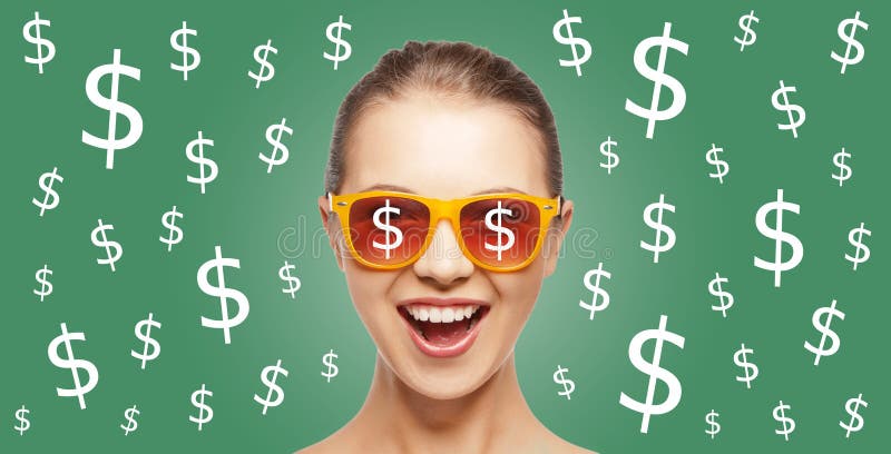 Happy woman in shades with dollar currency sings