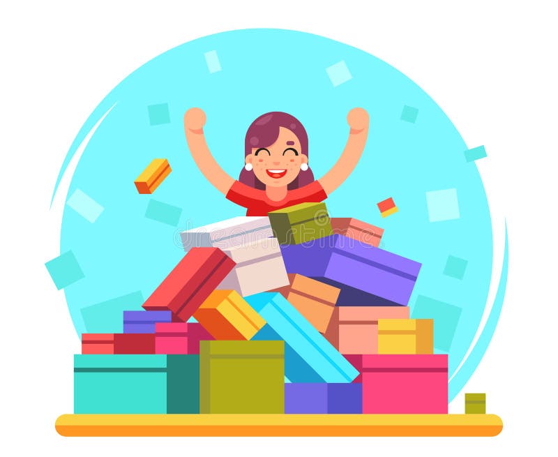 Happy woman shopping pile of goods gifts boxes flat design character vector illustration stock illustration Happy woman shopping pile of goods gifts boxes flat design character vector illustration stock illustration