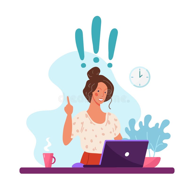 Happy woman sitting at a computer, exclamation marks, concept of a new idea. Illustrations of home office, remote work, distance