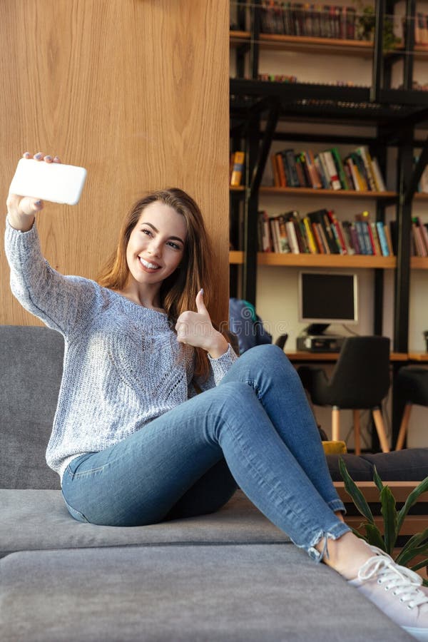 Happy Woman Student Sitting in Library Make Selfie Stock Photo - Image ...