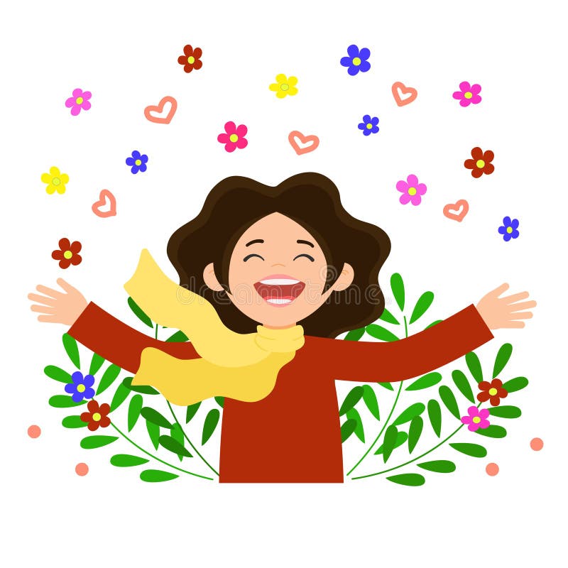 Happy woman surrounded by flowers and hearts. Joyful girl widely spread her hands to the side and smiling with happiness