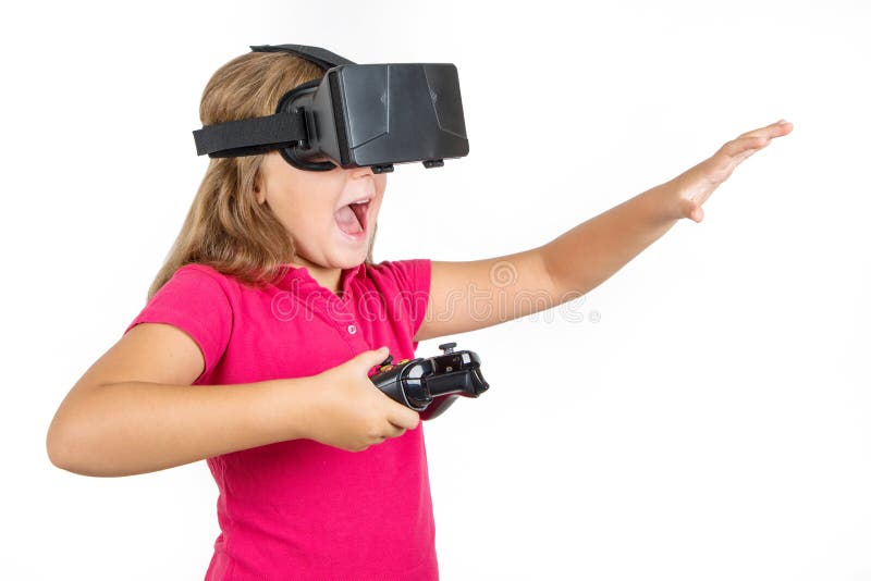 An Happy woman with virtual reality headset and joystick playing vr games