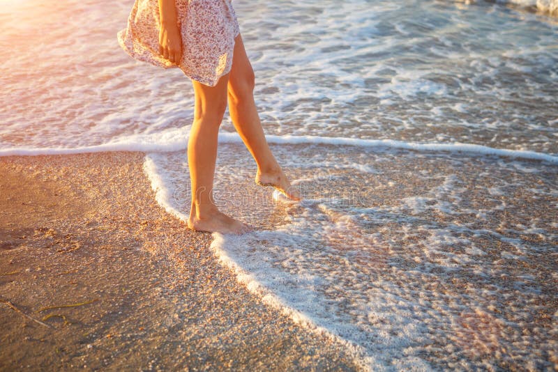 Happy Woman Walking on the Beach at Sunset Stock Image Image of