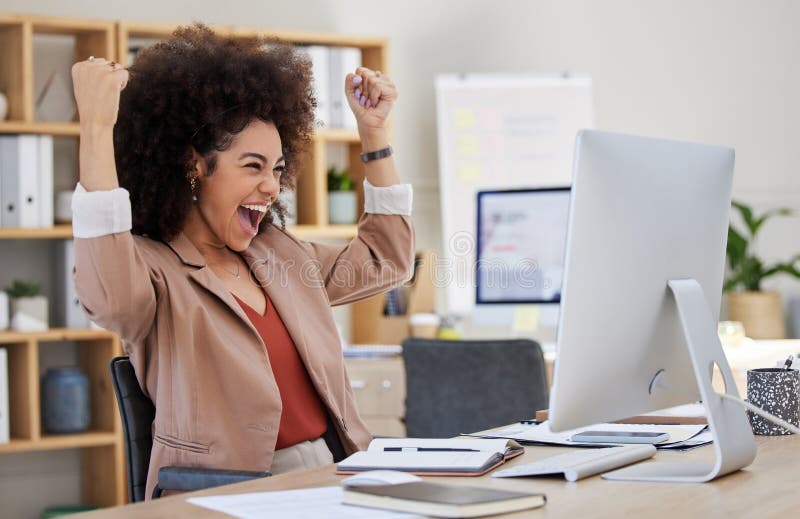 Happy woman winning on computer success, bonus or celebration for news, sales and business cheers in office. Wow, yes