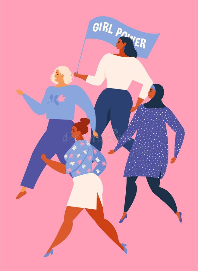 Happy women or girls standing together and holding hands. Group of female friends, union of feminists, sisterhood. Flat royalty free illustration Happy women or girls standing together and holding hands. Group of female friends, union of feminists, sisterhood. Flat royalty free illustration