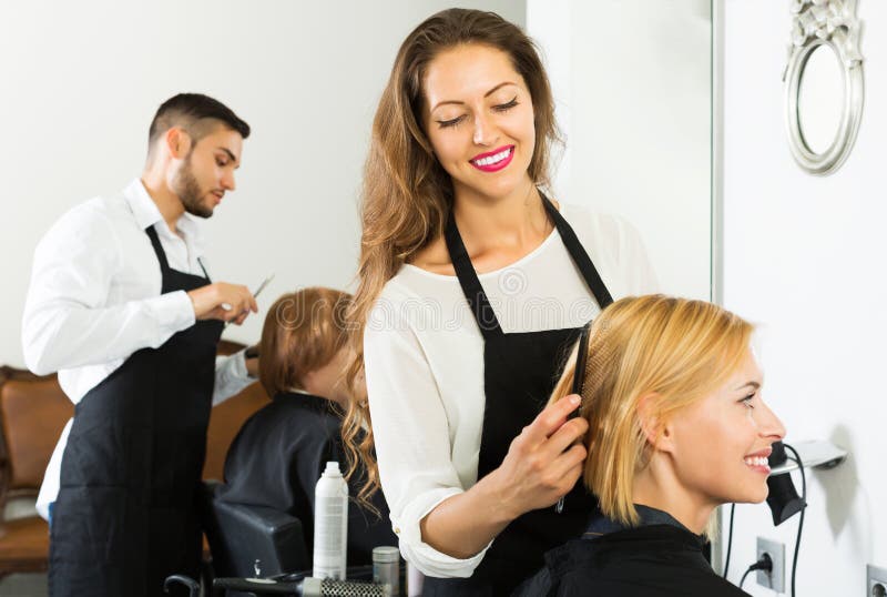 Happy Hairdresser Doing Hairstyle Stock Image - Image of girl ...