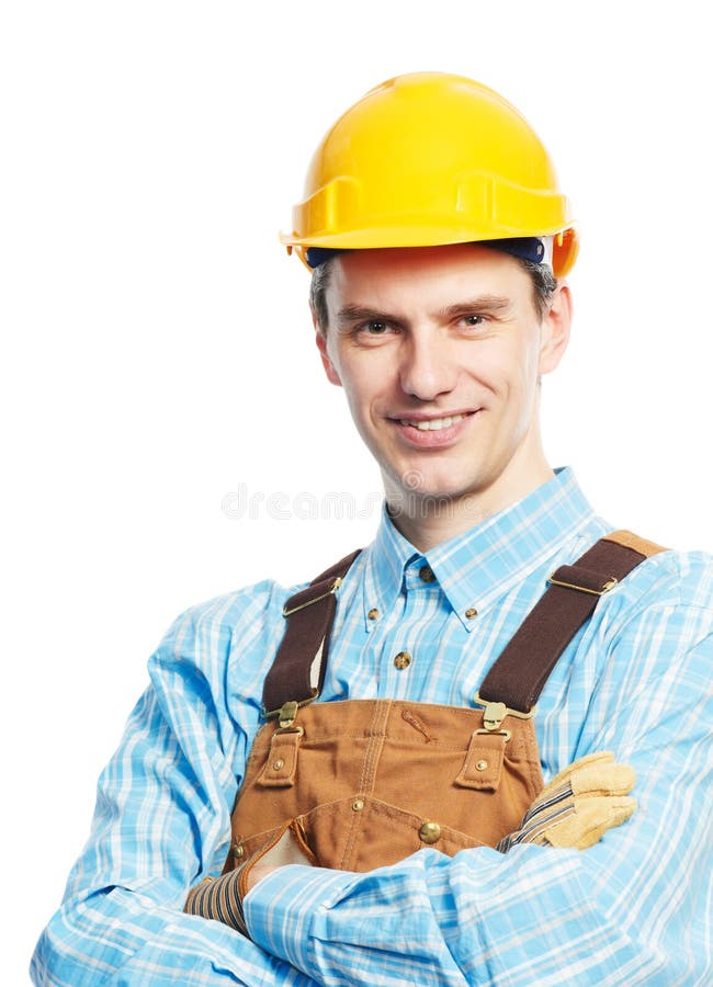 Happy worker portrait in hardhat and overall
