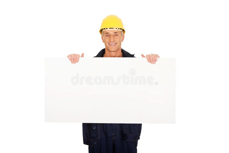 Happy worker presenting empty banner