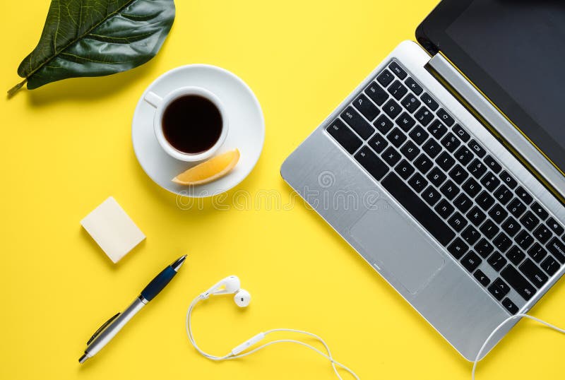 Happy yellow office desk stock photo. Image of notepad 190134700