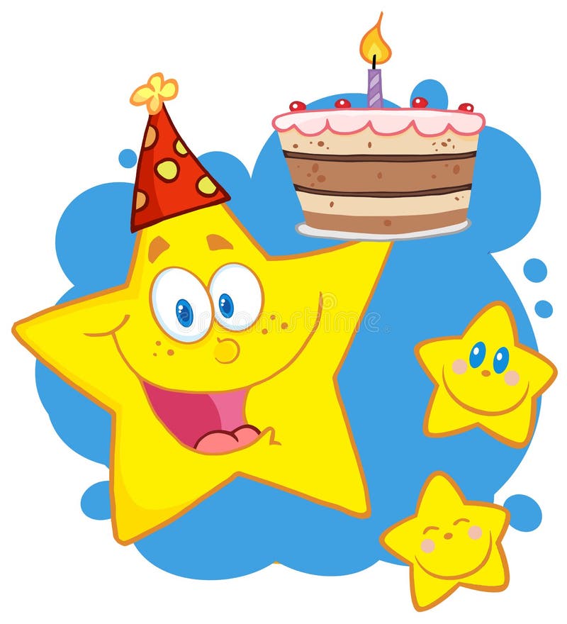 Happy yellow stars with a birthday cake over blue