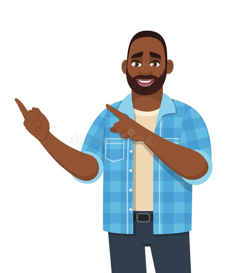 Happy young African man presenting or pointing finger to copy space. Trendy black person showing hand to introduce something. stock illustration