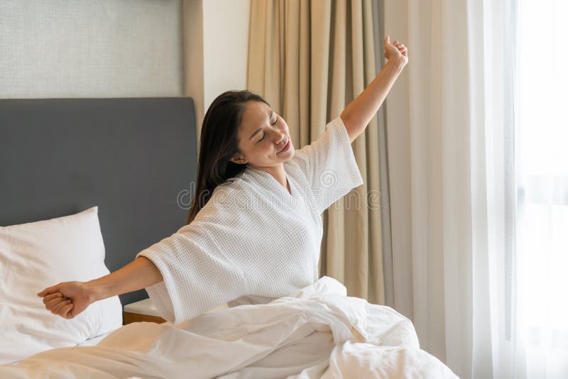 Asian Woman Teenager Wake Up Relaxation Bed Stock Photos