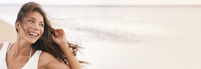 Happy young Asian woman natural beauty banner. Beautiful girl laughing smiling with perfect teeth looking to the side in