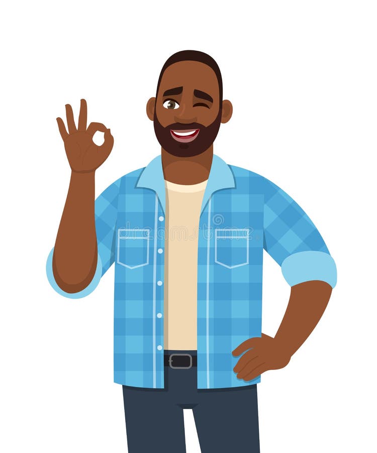 Happy young bearded African man showing okay, cool gesture with winking eye. Trendy successful black person making OK, good symbol