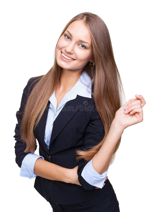 Happy young business woman smiling isolated on whi