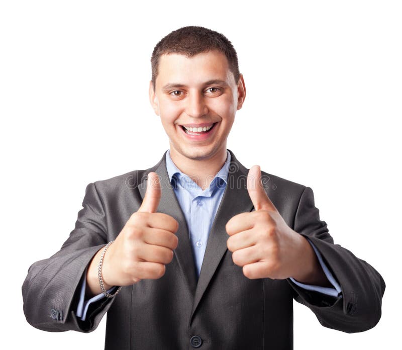 Happy young businessman hands make thumbs up stock photography