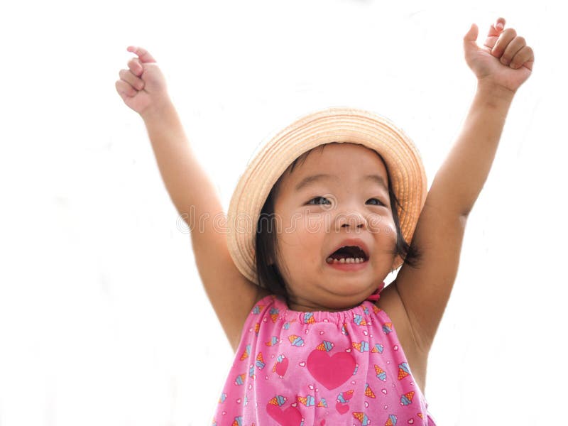 Happy young cute girl shouting with his hands up isolated on white background