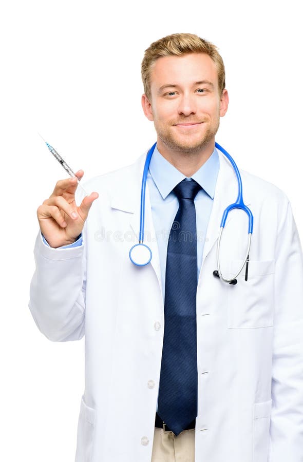 Happy young doctor holding syringe