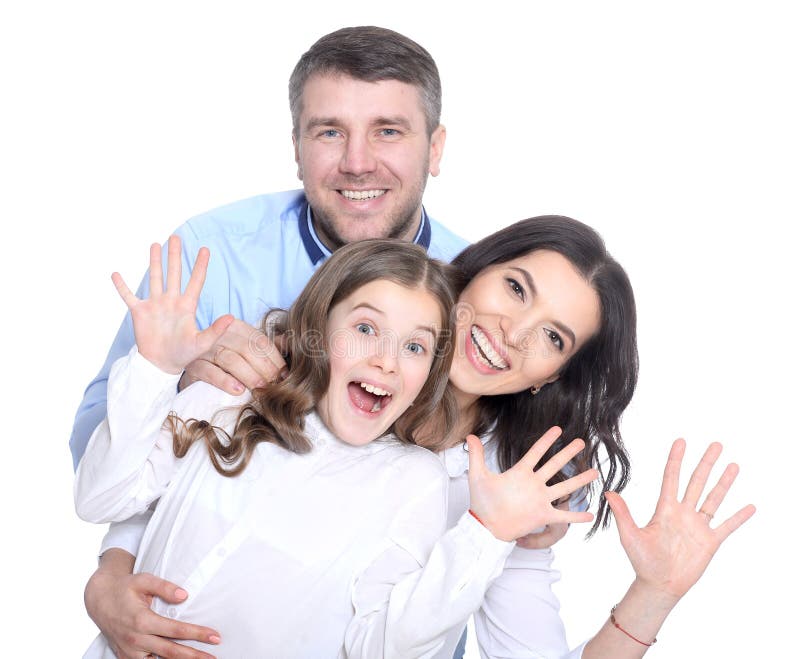 Happy young family on a white background