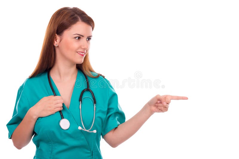 Happy young female doctor pointing something royalty free stock photos Happy young female doctor pointing something royalty free stock photos