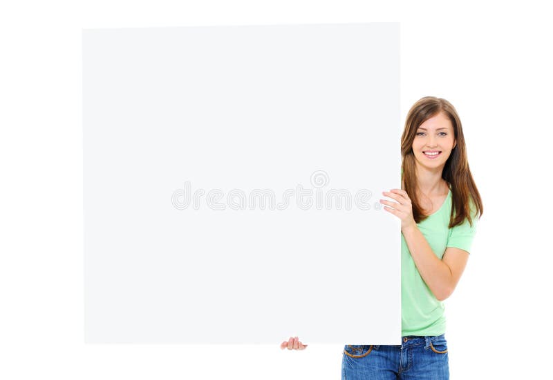 Happy young female holding big blank banner