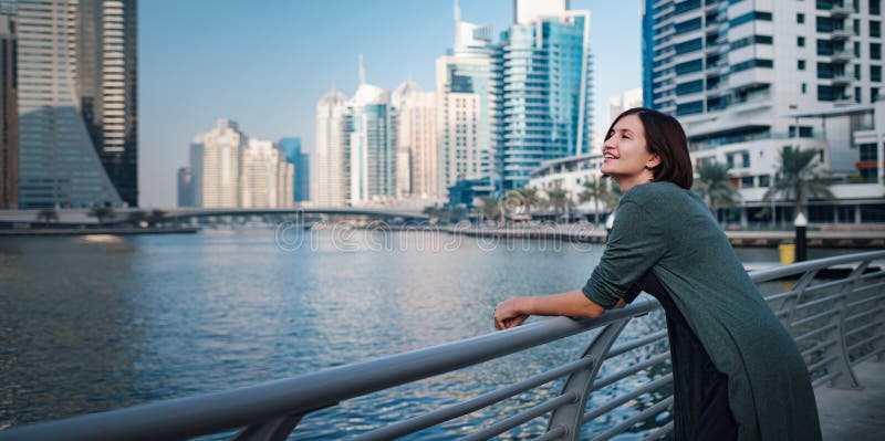 Happy Young Female Traveler in the Big City of Dubai, UAE Stock Image ...