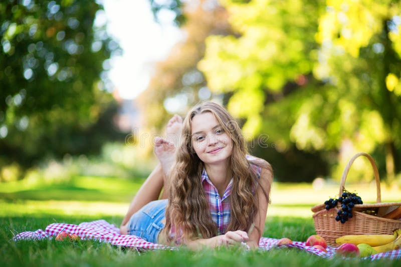 Happy Young Girl Having A Picnic Stock Image Image Of Nature Outdoors 34023687