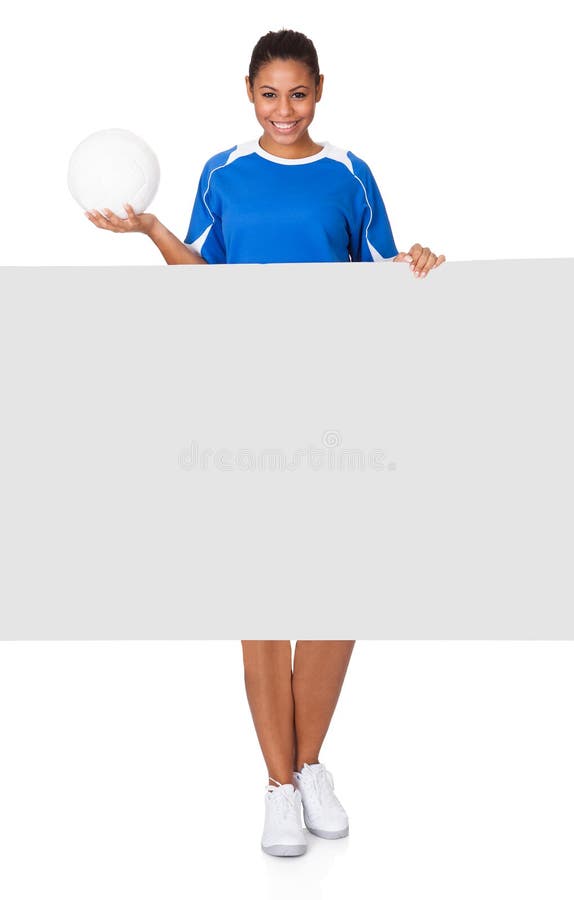 Happy Young Girl Holding Volleyball And Placard