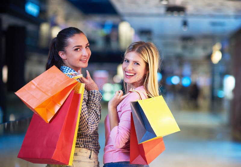 Happy Young Girls in Shopping Mall Stock Photo - Image of lady ...