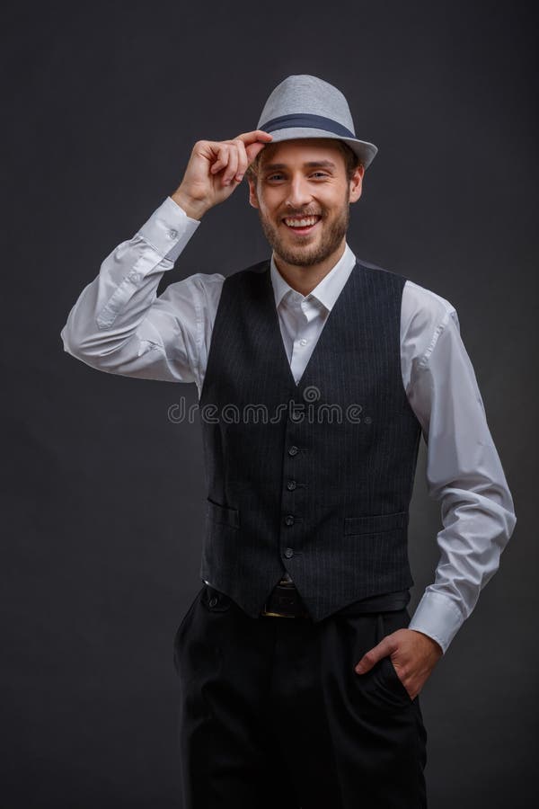 Happy Guy in Suit with Vest and Hat, Posing Holding One Hand in Pockets ...