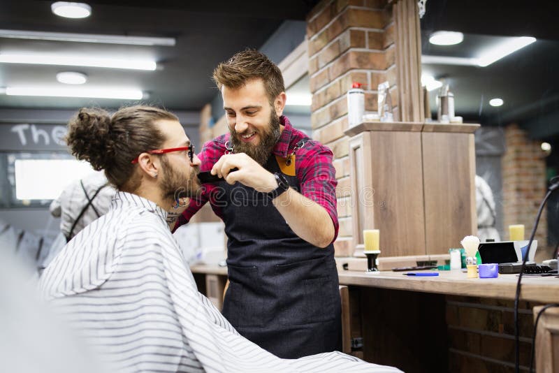 Happy Young Handsome Man Visiting Hairstylist in Barber Shop Salon ...