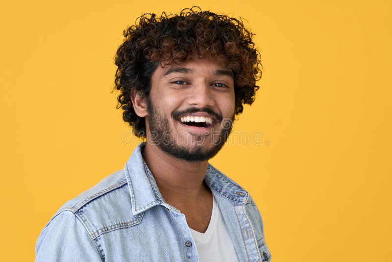 Happy Young Indian Guy Laughing Isolated on Yellow Background. Headshot ...