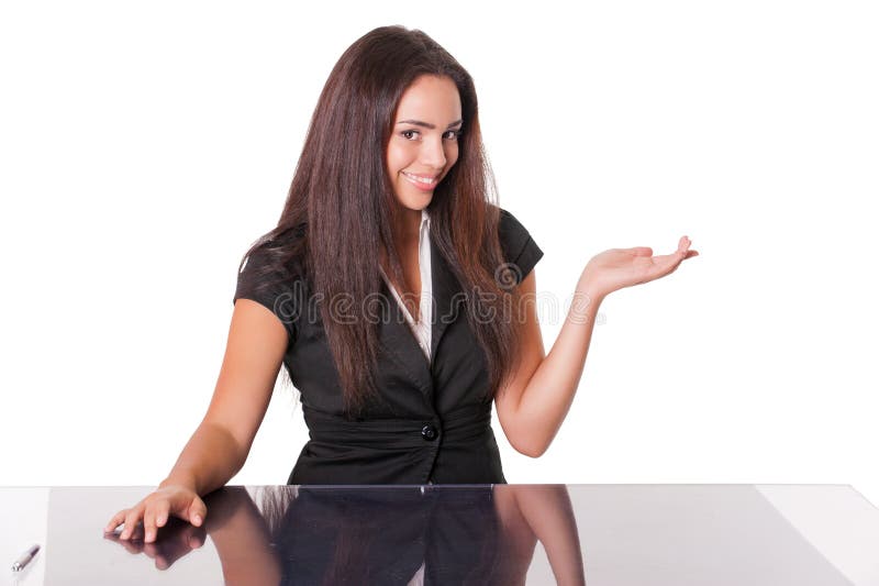 Happy young lady gestures, sat at desk, on white