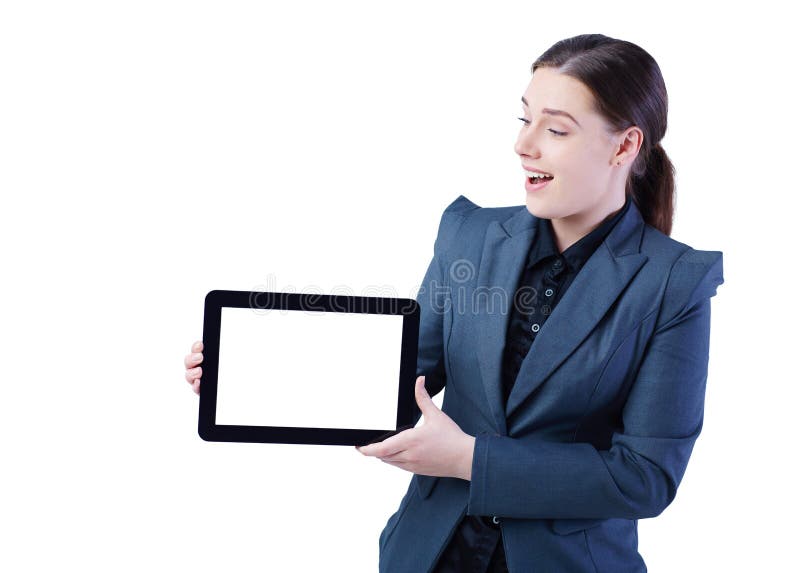 Happy young lady standing over white background showing display of tablet computer to camera. Focus on display. royalty free stock images Happy young lady standing over white background showing display of tablet computer to camera. Focus on display. royalty free stock images