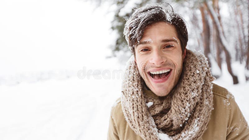 Happy Young Man Laughing Looking at Camera Enjoying Winter Outdoor ...