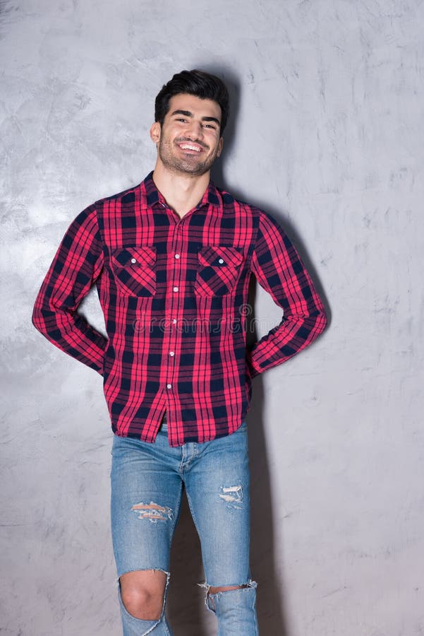 A Happy Young Man in a Red Checkered Shirt Stock Photo - Image of adult ...