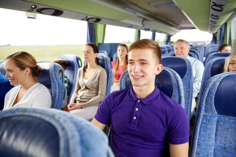 Happy Young Man Sitting In Travel Bus Or Train Stock Image - Image