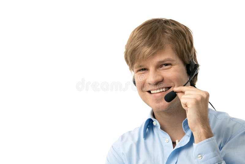 Portrait of happy young man talking on headset, smiling. Isolated on white.