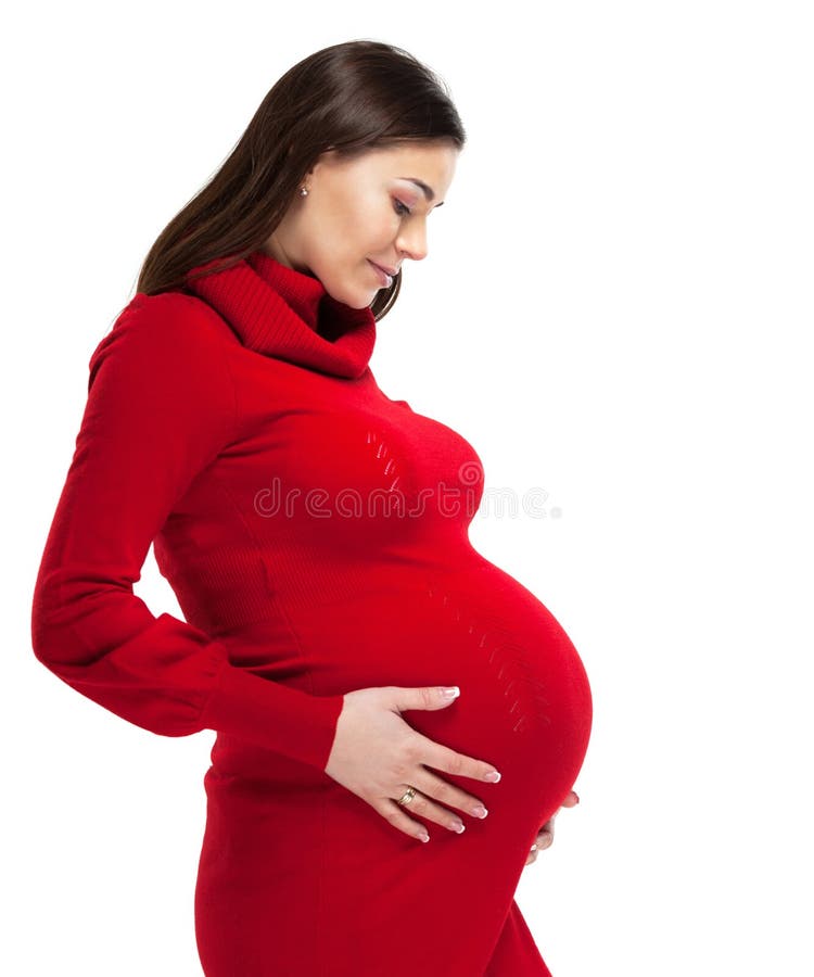 Happy Young Pregnant Woman In Red Dress Stock Photography ...