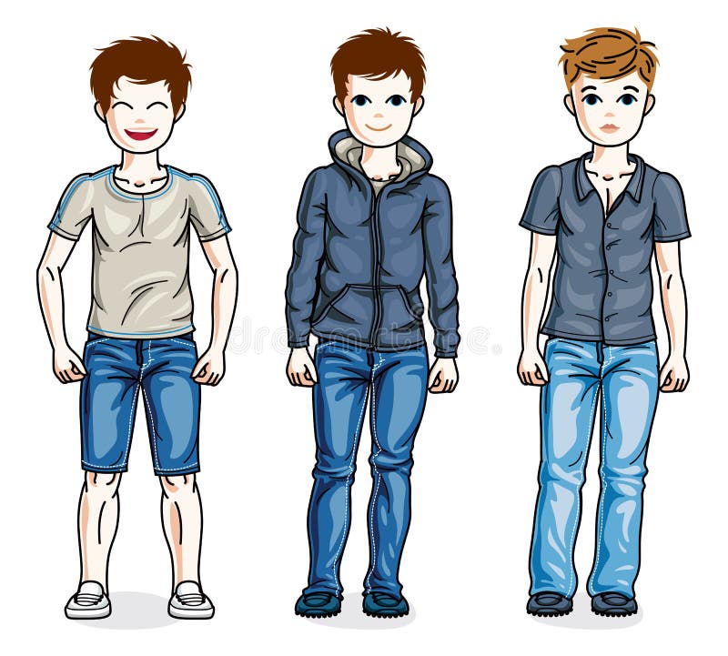 Happy Young Teenager Boys Posing in Stylish Casual Clothes. Vector Set ...