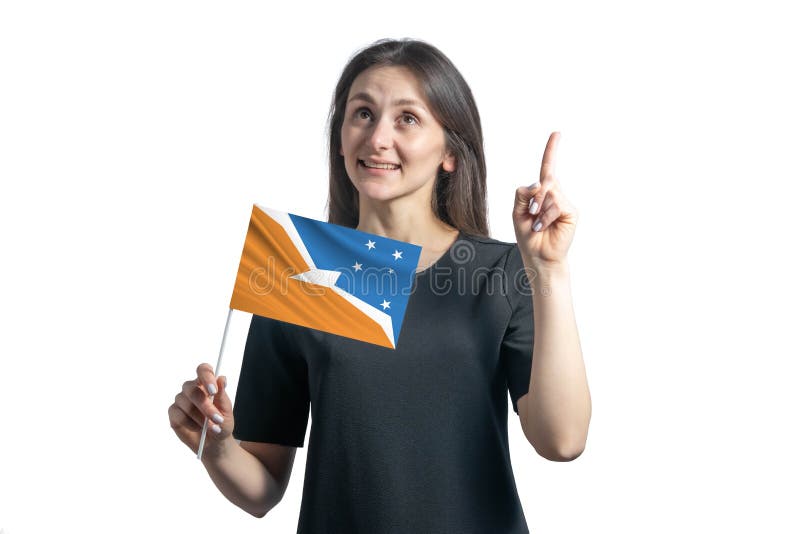 Happy Young White Woman Holding Flag Of Argentine Antarctica And Points Thumbs Up Isolated On A 