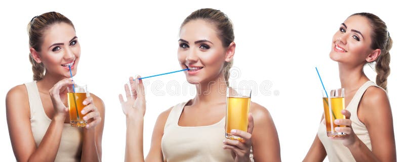 Happy Young Woman with apple juice on white background stock photography Happy Young Woman with apple juice on white background stock photography